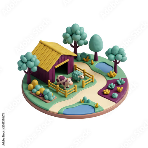 Isometric farm scene with barn and animals.