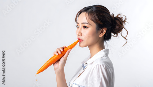 Young asian woman in white shirt biting into a fresh carrot, healthy eating, vibrant orange vegetable, isolated on white