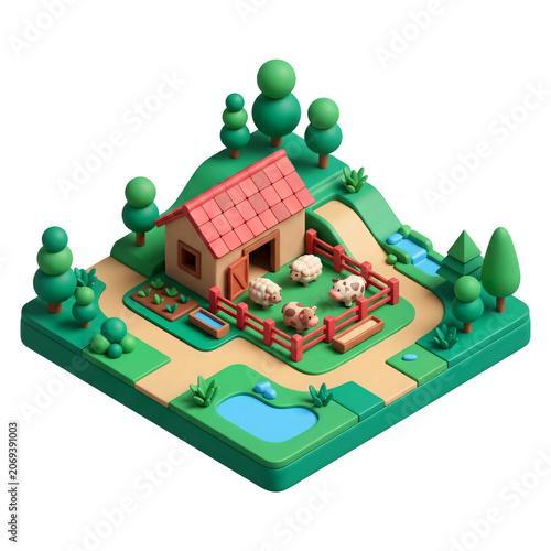 Isometric farmhouse with sheep and garden.