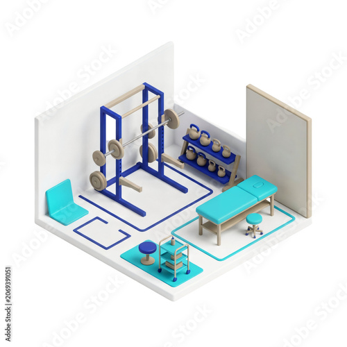 Isometric view of a gym interior.