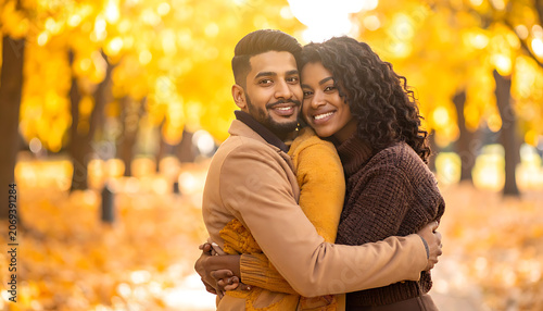 Young couple embracing in a park during autumn, with golden leaves creating a warm, romantic atmosphere
