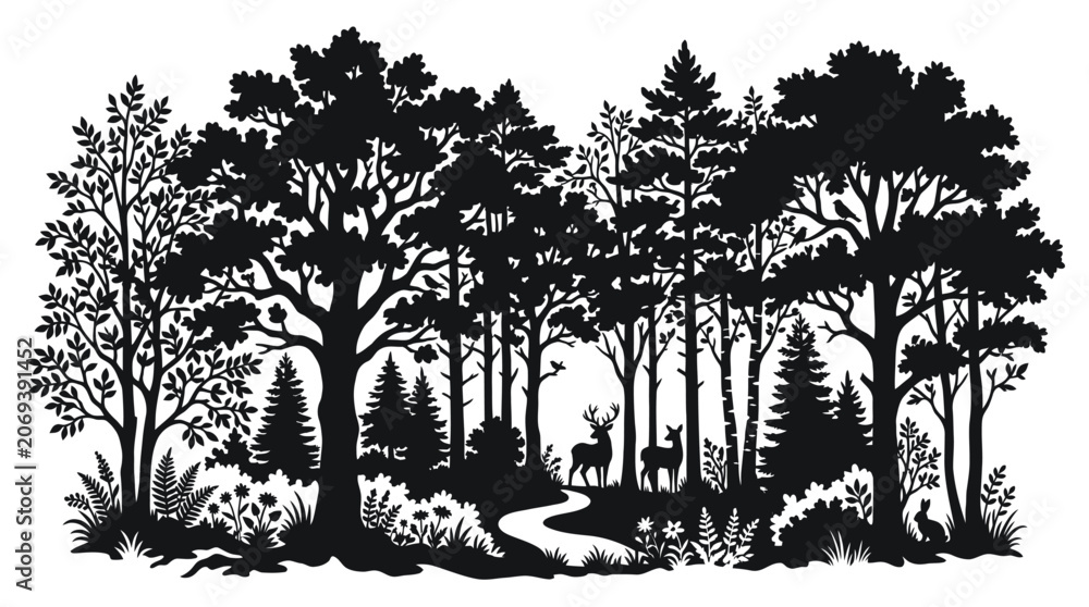 Fototapeta premium Forest Silhouette: Deer, Trees, Plants, and Wildlife Path