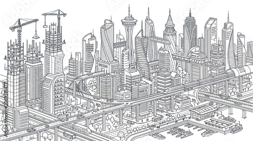 Fotografie Futuristic city skyline with skyscrapers and ongoing construction
