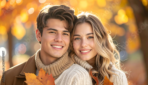 Young couple smiling in autumn park, warm light, soft focus background, fall foliage, cozy sweaters, golden hour