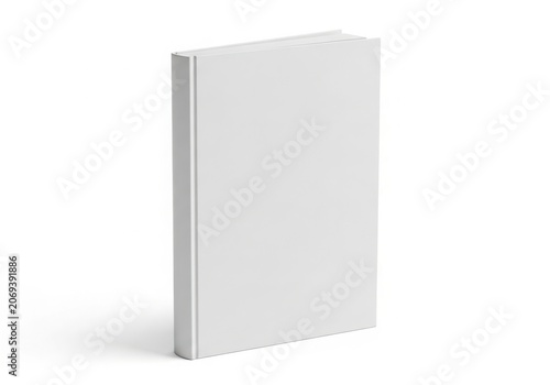 A white book with a blank cover standing upright on a plain white background