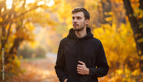 Young man in a black hoodie standing in an autumn park, golden hour light filtering through yellow leaves, looking to the side with a thoughtful expression