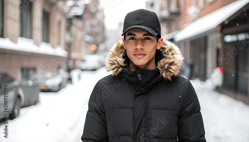 Young man in a winter jacket with fur-lined hood, standing on a snow-covered city street, gentle snowfall, urban winter scene