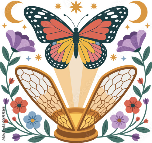 Whimsical butterfly, moth trap, floral vector, colorful illustration