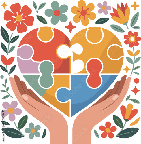 Colorful puzzle heart, hands holding puzzle pieces, floral vector illustration