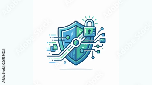 A shield with a lock and circuitry on a white background symbolizing digital protection