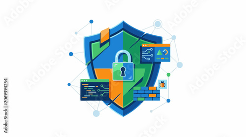 A shield with a lock and various computer and coding symbols around it