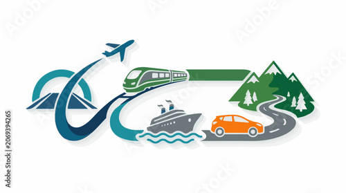 Colorful transportation modes on winding road and water