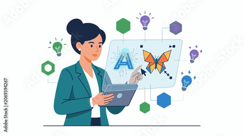 A woman in teal interacts with a futuristic tablet displaying a butterfly and the letter A