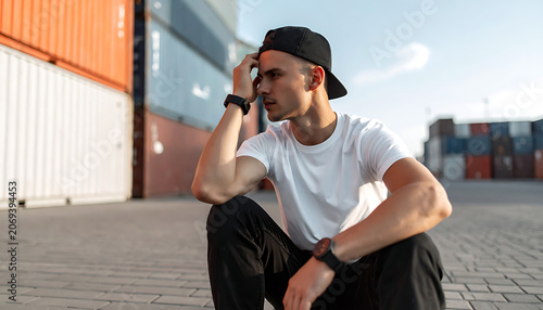 Young man in casual clothing sitting outdoors with shipping containers in background, thoughtful pose