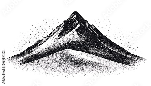 Isolated stylized mountain peak with textured shading and scattered dots, symbolizing nature and adventure
