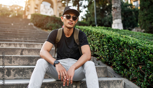 Young man in sunglasses and baseball cap sitting on outdoor stone steps, relaxed pose, looking away, sunny day, urban park setting