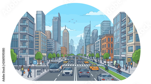 Tableau sur toile Busy city street with modern skyscrapers cars and pedestrians
