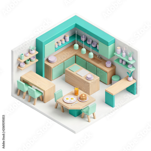 Isometric teal kitchen interior.
