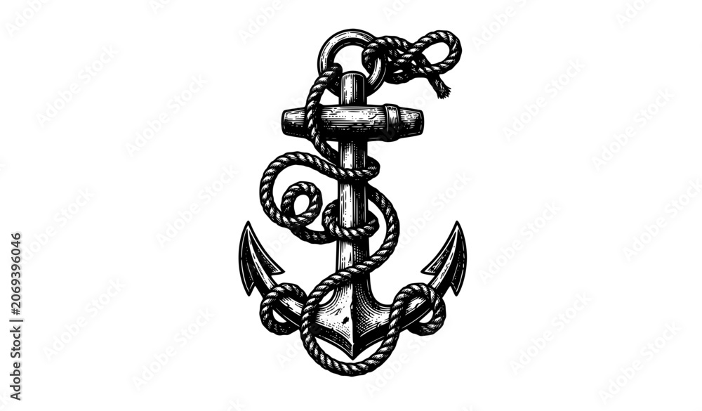 Naklejka premium Vintage Nautical Anchor and Rope Etching Vector Illustration