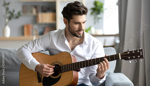 Young man playing acoustic guitar on sofa, domestic hobby, leisure time, music practice, relaxed mood, soft natural light