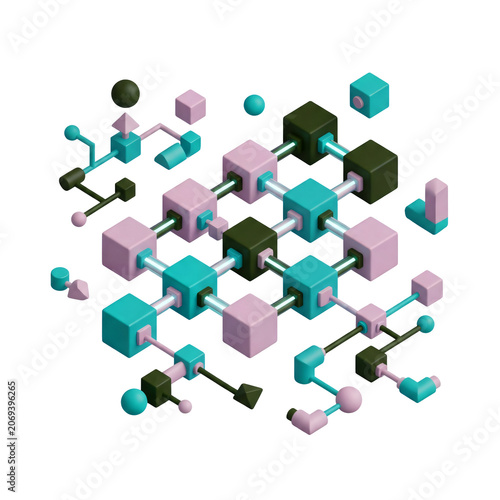 Colorful 3D geometric shapes connected network.