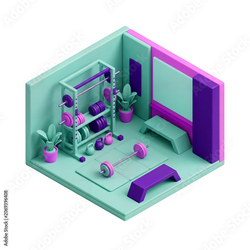 Isometric purple and teal home gym interior.