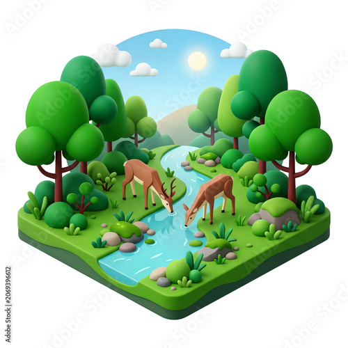Cartoony deer drinking from river in forest.