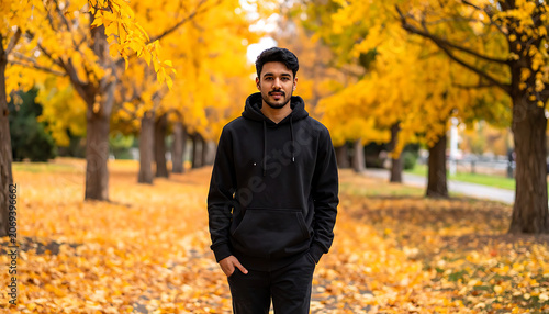Young man walking in a park during autumn, surrounded by golden yellow ginkgo trees and fallen leaves, casual style