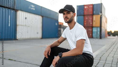 Young man wearing a baseball cap and t-shirt sitting outdoors near stacked shipping containers, looking thoughtful