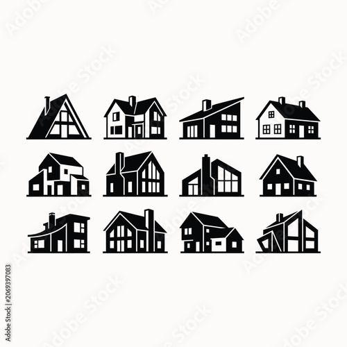 Collection of diverse modern and traditional house silhouette icons illustrating different architect