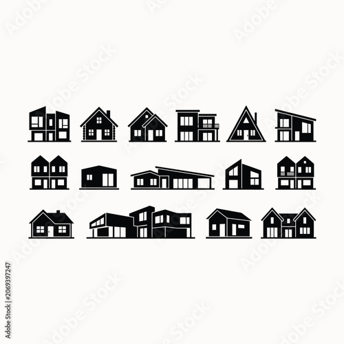 Collection of modern and traditional residential house building silhouette icons representing divers
