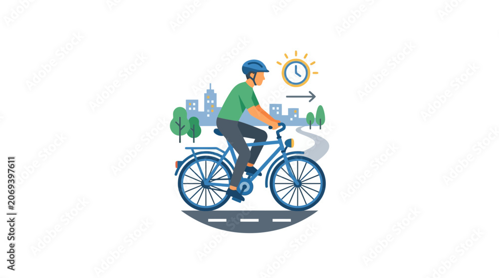 Fototapeta premium Man riding bicycle in city park, healthy lifestyle, urban commuting, time for exercise