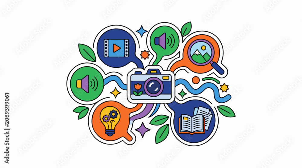 Fototapeta premium Colorful icons of media, camera, lightbulb, book and nature