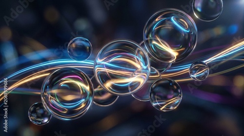 Light streaks reflecting in film glass circles in an elegant abstract background
