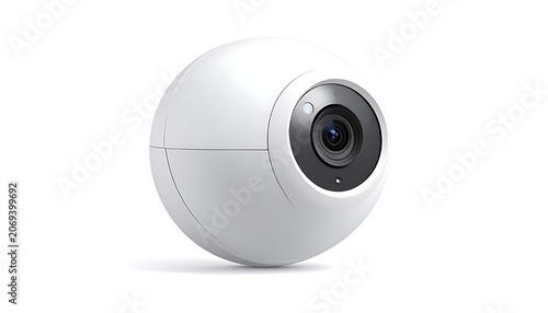 Isolated white spherical security camera with lens and visible iris on a clean white background, futuristic surveillance technology