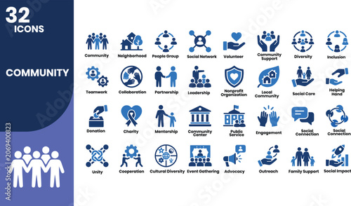 Professional community solid icon set featuring social support, volunteer activities, diversity, inclusion, teamwork, outreach, public engagement, charity, and social impact symbols.