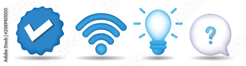 Set of glossy 3d verification, wireless connectivity, idea, and support icons