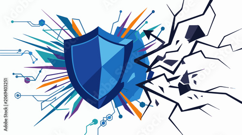 A blue shield on a white background with colorful circuit-like lines and cracks