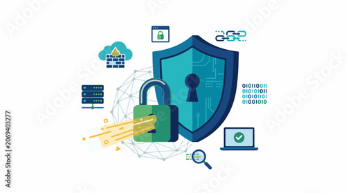 A green padlock and blue shield surrounded by security icons on a white background