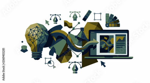 A stylized illustration of a laptop surrounded by design and editing icons