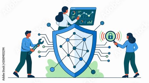 A vector graphic illustration of three people working together to secure a shield with a network pattern surrounded by