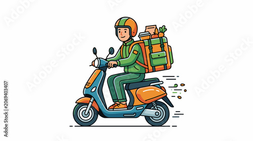 A delivery person rides a scooter with a large backpack