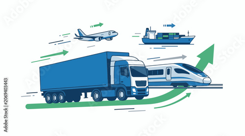 A blue truck train airplane and ship with green motion arrows on a white background