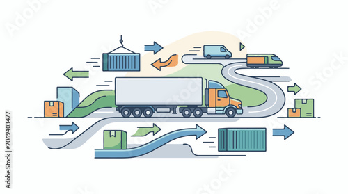 A colorful illustration of a truck on a winding road with various vehicles and shipping containers