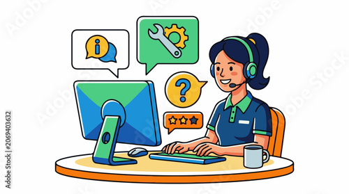 A smiling woman wearing a headset sits at a desk with a computer and phone