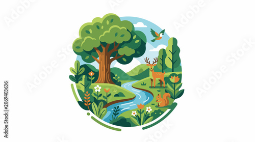 A serene forest scene with a tree a stream and various animals
