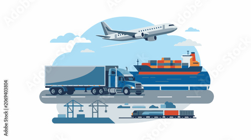 A stylized illustration of a transportation system with a plane ship truck and train