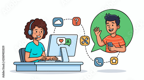 A cartoon woman with a headset works on a computer while a man on a phone interacts with her
