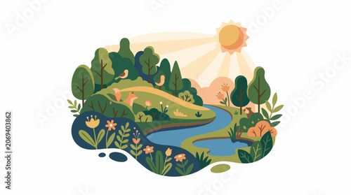 Serene landscape with a winding river lush greenery and vibrant flowers under a sunny sky