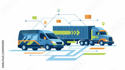 A stylized illustration of two delivery trucks and a van on a map